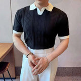 AIDASE  -  Images Simple Striped Ice Silk Elastic Jacquard Turn-down Collar Short Sleeved T-shirt 2025 Contrast Color Male Tops aidase-shop