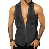 Aidase Vintage Patchwork Jean Tank Tops Men Slim Fit Sleeveless Denim V-neck zipper Shirts Summer Fashion Sexy Vest Male Streetwear aidase-shop