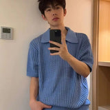 AIDASE  -  Men's Smog Blue Hollow Knit Shirt Japanese Style Simple Loose Short Sleeved T-shirt Summer Lapel Male Top aidase-shop