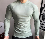 AIDASE  -  Muscular Men Sports Long Sleeve Trend Solid Color Practice Show Big High Elastic Fitness Clothes Quick Drying Small Neckline Top aidase-shop