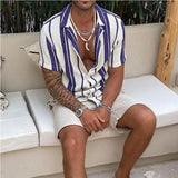 Aidase New Men's Slub Cotton Shirt Stripe Short Sleeve Collar Cardigan Summer Fashion Loose Oversize Shirts Top Streetwear Male