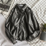 AIDASE  -  Unisex Leather PU Shirts High Street Men Women American High-end High-street Long-sleeve Loose Couple Jackets Preppy aidase-shop