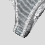 AIDASE  -  Men Bodysuits Lace Striped Patchwork O-neck Button Sleeveless Male Rompers Sexy 2025 Skinny Fashion Cozy Bodysuit Men aidase-shop