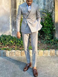 Aidase Light Gray Men Suits 2 Pieces Blazer Pants Double Breasted Tuxedo Slim Fit Business Wedding Formal Work Causal Tailored