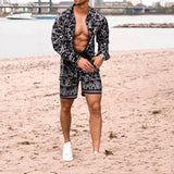 Aidase Summer Newest Men 2 Piece Suit Clothing Long-sleeved Printed Shirts Top With Casual Shorts Fashion Male  Beach Wear Loose Outfit