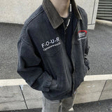 AIDASE  -  Spring Autumn American Retro Jacket Heavyweight Embroidered Letter Wash Coat Men Women Loose Versatile Flip Collar Zipper Jacket aidase-shop