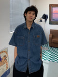 AIDASE  -  Summer New American High Street Vintage Waed Denim irt Men ort Sve Couple Retro Casual Loose Trendy Button up Top aidase-shop