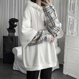 Aidase Fake Two Piece Plaid Patchwork Black White Oversize Harajuku Korean Fashion Casual 2024 Hoodie Long Sleeve Autumn Men Sweatshirt