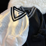 Aidase V-neck Section Men's Knitted Sweater Ribbed Hem Fashion Splicing Pullover Korean Loose Autumn Knit Sweater aidase-shop