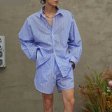 AIDASE  -  Korean Style Fashion Striped Sets Men's Long Sleeved Shirt Shorts Casual Streetwear Male Loose Two-piece Sets S-5XL aidase-shop