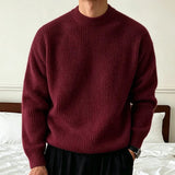 AIDASE  -  Men's Solid Color Knitwear Sweater Spring Autumn Casual Fashion Ribbed Texture Long Sleeve Loose Crew Neck Knit Pullover Sweater aidase-shop