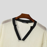 AIDASE  -  Men T Shirt Patchwork Hollow Out See Through Sexy Male Tee Tops Loose V Neck Long Sleeve Fashion Streetwear Men Clothing aidase-shop