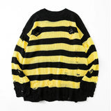 AIDASE  -  Black Stripe Sweaters Destroyed Ripped Sweater Men Pullover Hole Knit Jumpers Men Oversized Sweatshirt Harajuku Long Sleeve Tops aidase-shop