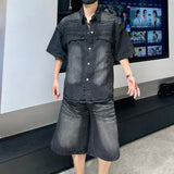 AIDASE  -  Fashion Men's Denim Suit 2025 Summer New Stylish Short Sleeve Lapel Shirt Trend Straight-leg Shorts Loose Men Suit 21E6404 aidase-shop