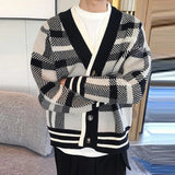 Aidase Autumn Men's Luxury Knitted Plaid Printed Buttons Cardigan Sweater Long Sleeve Streetwear Leisure Coat Fashion Check Knitwear aidase-shop
