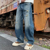 AIDASE  -  Men Brand Fashion Loose Casual Vintage Wide Leg Baggy Broken Hole Ribbed Jeans Cityboy Denim Baggy Jeans Pants Trousers aidase-shop