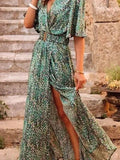 AIDASE  -  Spring Summer Floral Print Slimming Waist Midi Dress Elegance Short Sleeve V-Neck Dress Regular Sleeve Length Ankle-Length aidase-shop