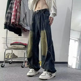 AIDASE  -  American high street trendy brand youthful and fashionable versatile straight retro old washing splicing design streamer jeans aidase-shop