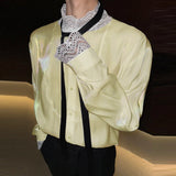 AIDASE  -  Men Shirt Lace Patchwork Long Sleeve Stand Collar Men Clothing Tops With Belt Streetwear Fashion Casual Male Shirts aidase-shop