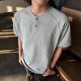 AIDASE  -  New Simple Men's Short Sleeved T-shirts Round Neck Button Design Casual Menswear Solid Color Loose Male Pullover Tee 9W3225 aidase-shop