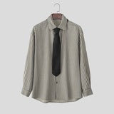 AIDASE  -  Men Striped Shirt Lapel Long Sleeve Korean Style Men Clothing With Tie Streetwear Loose Fashion Casual Tops Male Shirts aidase-shop