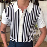 Aidase Men's Business Striped Knitted Polo Shirt Light Luxury Leisure Turn Down Collar Button Short Sleeve Shirts Breathable Knitwear
