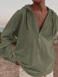 AIDASE  -  Vintage Cotton Linen Hooded Shirt For Men Long Sleeve V Neck Hoodies Tops Fall Casual Loose Shirts Seaside Beach Blouse Clothing aidase-shop