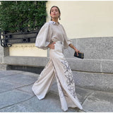AIDASE  -  Solid Cotton Linen Printed Wide Leg Pants Set Women Casual Daily Bubble Sleeve Shirt Two Piece Suit 2025 New Summer Street Wear aidase-shop