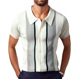 Aidase Men's Business Striped Knitted Polo Shirt Light Luxury Leisure Turn Down Collar Button Short Sleeve Shirts Breathable Knitwear