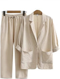 AIDASE  -  Women's Autumn Cotton Linen Suit Set Loose Casual Commuting Outfit Pocket Pants & Jacket Set Breathable Office Daily aidase-shop