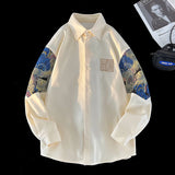 Aidase Patchwork Bear Long Sleeve Shirt for Men Retro Loose Couple Shirt Jacket Large Size Unisex Blouses aidase-shop