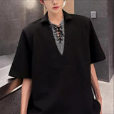 AIDASE  -  Men Shirt Lapel Short Sleeve Patchwork Lace Up Casual Men Clothing Streetwear Korean Style Summer Fashion Male Tops aidase-shop