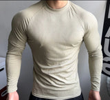 AIDASE  -  Muscular Men Sports Long Sleeve Trend Solid Color Practice Show Big High Elastic Fitness Clothes Quick Drying Small Neckline Top aidase-shop