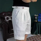 Aidase British Style Men Naples Linen Shorts Paris Waist Buckle Button Knee Length Pant Summer High Quality Casual Loose Short Trouser