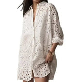 AIDASE  -  Loose Large Size Embroidered Hollow out Spring Shirt Pure Color Collar Women's Top Fashionable Slim Fit Cotton Polyester Blend aidase-shop