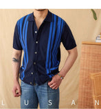 AIDASE  -  Versatile Men Shirt Striped Spliced Decoration Breathable Short Sleeved Knitted Cardigan Design Casual Clothing aidase-shop