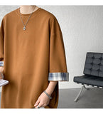 AIDASE  -  Spring Summer Men's Ice Silk T-shirts Women Oversized Plaid T-shirt Korean Style Casual Seven sleeves T-Shirt Male aidase-shop
