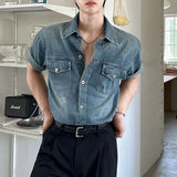 AIDASE  -  Summer New Men's Tide Korean Stylish Elegant Fashion Washed Denim Shirt Chic Casual Short Sleeve Vintage Shirts Tops aidase-shop