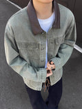 AIDASE  -  Casual Long Sleeve Leather Collar Outerwear Men Vintage Patchwork Buttoned Lapel Denim Coats Mens Spring Fall Fashion Outerwear aidase-shop