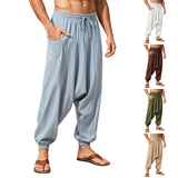 AIDASE  -  Men's Cotton Harem Trousers Baggy Hippie Casual Linen Yoga Trousers Deep Crotch Trouser with aidase-shop