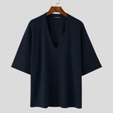 AIDASE  -  Men V Neck Half Sleeve Solid Color Ribbed Knitted Shirts aidase-shop