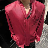 AIDASE  -  Summer Men's Shirt Korean Style Ribbon Bright Silk Smooth Solid Color Long Sleeve Men Shirts Fashion New Top Red 9W2765 aidase-shop