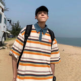 Aidase Japanese Harajuku Style Street Color-blocked Striped Short-sleeved Lapel Shirts Men Women Trendy Hip-hop Loose Casual T-shirts aidase-shop