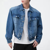AIDASE  -  Man Clothing American Vintage Blue Denim Jacket Loose Outwear Men Wide Shoulder Short Jeans Coats Casual Pockets High Streetwear aidase-shop