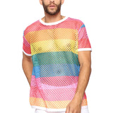 Aidase Men Mesh See Through T-Shirt Fishnet Hollow Clubwear Streetwear Perform Male Short Sleeve Undershirt Top Tee 5XL Sexy Rainbow aidase-shop