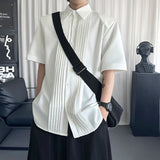 AIDASE  -  Shoulder Padded Men's Shirt Short-sleeved Niche Pleated Design Lapel Single-breasted Solid Color Tops Summer New aidase-shop