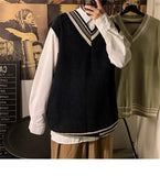 AIDASE  -  Autumn Winter V-neck Knitted Sweater Vest Men Oversized Loose Sleeveless Pullover Tops Men's Korean Warm Sweaters Tank Tops aidase-shop