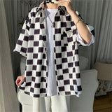 AIDASE  -  Short Sleeve Printing Plaid Shirts  Button Turn-down Collar Casual Handsome Office Streetwear Spring Summer Men's Clothing aidase-shop