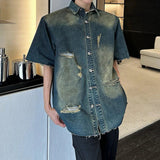 AIDASE  -  Ripped Hole Men's Denim Shirt American Style Summer Handsome Short Sleeved Lapel Single-breasted Casual Men Jacket aidase-shop