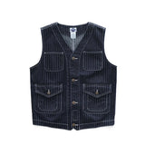 Aidase Vintage Vertical Striped Denim Vest for Men Feel Hard American Casual Multi Pockets 100% Cotton Indigo Washed Suit Vest